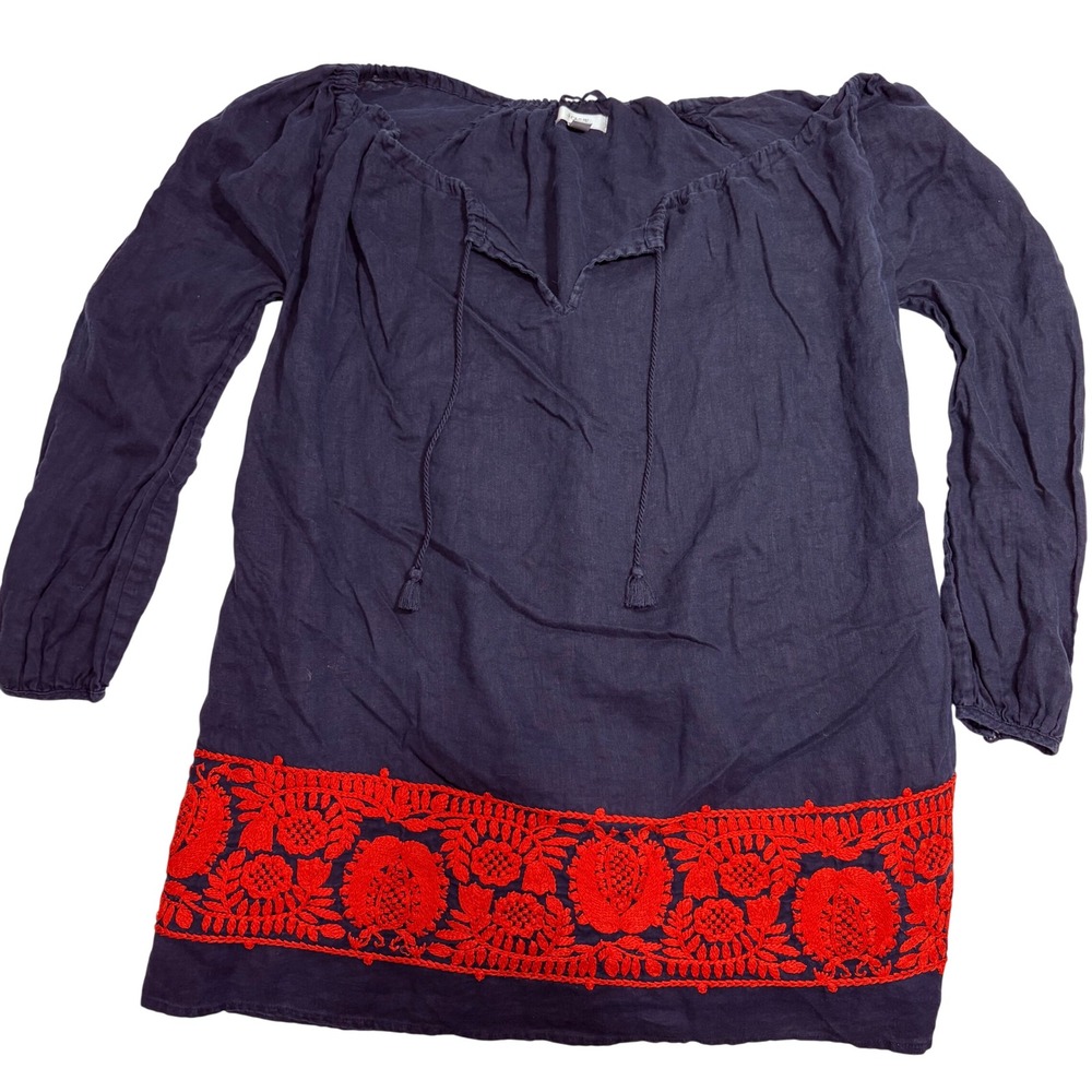 J.Crew Navy Blue 100% Linen Embroidered Tunic Dress Red Floral XS